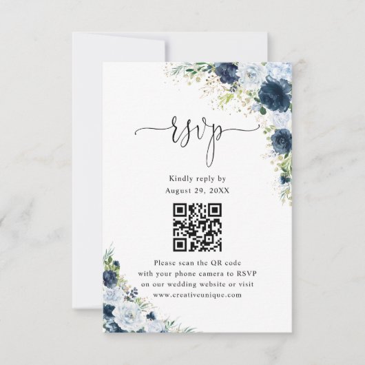 Code QR de réponse de mariage floral Navy bleu  (Devant)