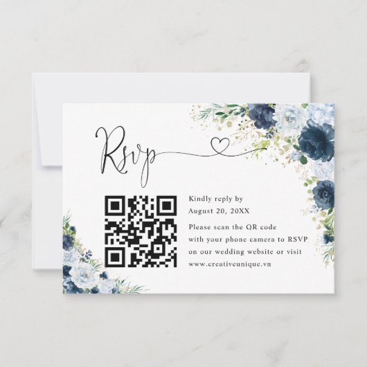 Code QR de réponse de mariage floral Navy bleu (Devant)