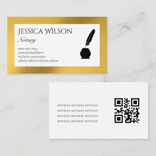 Code QR feuille d'or notaire écrivain carte de vis (Devant / Derrière)