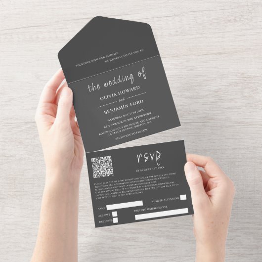 Code QR gris foncé moderne tout en une invitation (Déchirure)