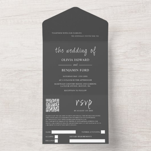 Code QR gris foncé moderne tout en une invitation (À l'intérieur)