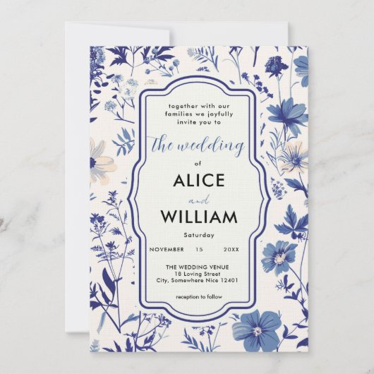 Code QR Indigo Blue Fleur sauvage Faire-part de ma (Devant)