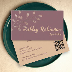 Code QR minimal Carte de visite de feuilles roses