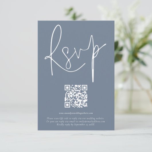 Code QR moderne Script Mariage Dusty Blue carte RS (Debout devant)