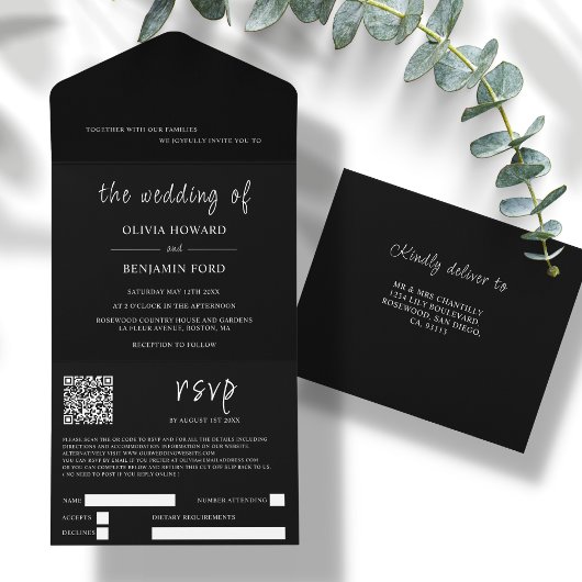 Code QR noir moderne tout en une invitation