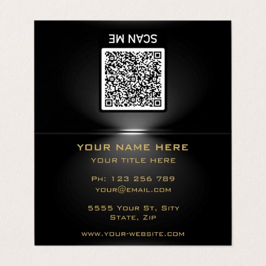 Code QR sous Spotlight Black Gold Carte de visite (Extérieur déplié)