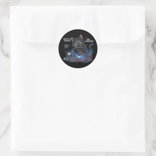 Code Whisperer Developer Cat Round Black Stickers (Tas)