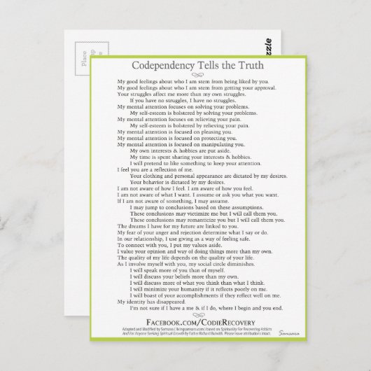 Codependentie vertelt het waarheidsgetrouwe Briefk Briefkaart (Voorkant / Achterkant)