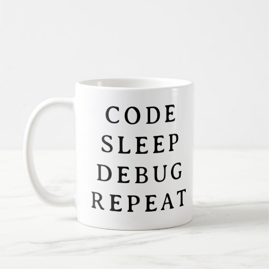 Codering Gift Mok – Code Slaap Debug Herhaal Mok (Links)