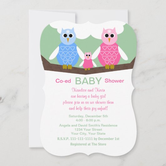 Coed Couples Owls Baby Girl Douche Invitation (Devant)