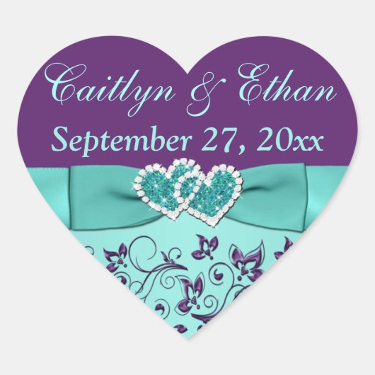 Cœur Aqua, Floral Violet, Coeurs Mariage Favor Sticker (Devant)