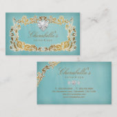 Coeur bleu floral de cadre d'or de carte de visite (Devant / Derrière)