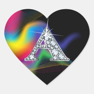 Cœur Bling "A" en diamant sur Sticker en arc-en-ciel