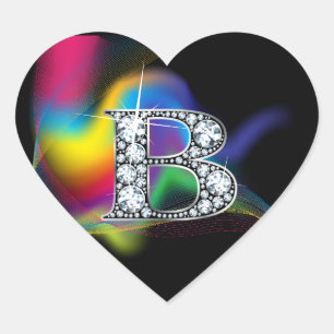 Cœur Bling "B" en diamant sur Sticker en arc-en-ciel