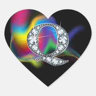 Cœur Bling "Q" en diamant sur Sticker en arc-en-ciel