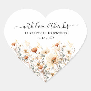 Cœur Boho Fleur sauvage Mariage Beige Favoriser Sticker
