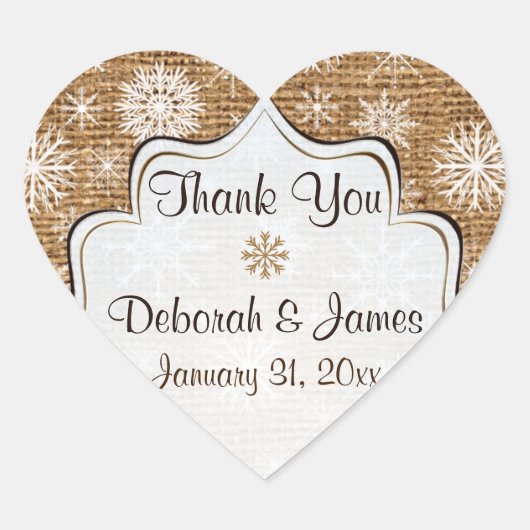Cœur Burlap rustique, Snowflakes Wedding Favor Sticker (Devant)