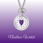 Coeur d'amour pourpre Montre de collier<br><div class="desc">Collier Montre cadeau. Avec un coeur d'amour violet et des numéros d'horloge sur un arrière - plan blanc.</div>