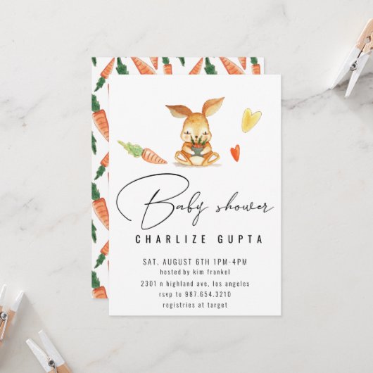Coeur de carotte de lapin Baby shower Invitation f (Devant/Arrière en situation)