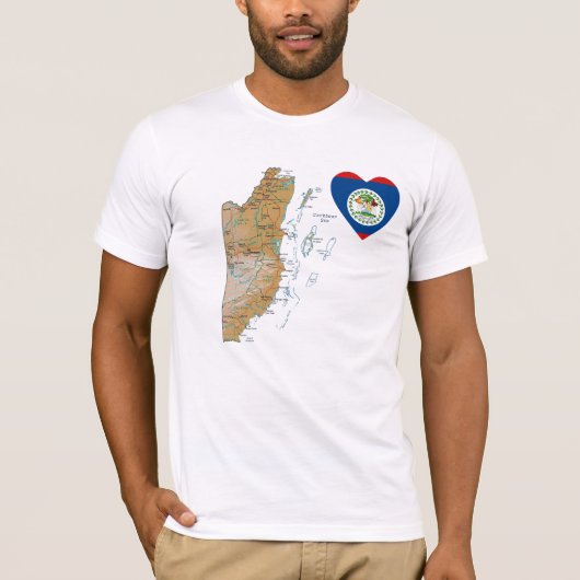 Coeur de drapeau de Belize + T-shirt de carte (Devant)