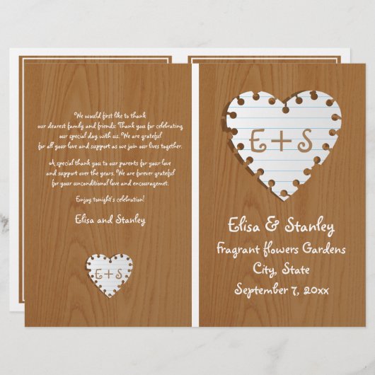 Coeur de papier sur le programme de mariage plié e (Devant / Derrière)