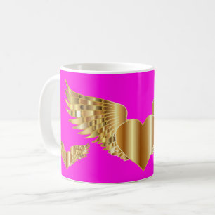 Coeur d'or avec ailes d'or Mug de café rose/blanc
