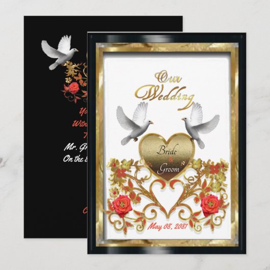 Coeur d'or floral de Doves aimantes carte mariage (Devant / Derrière)