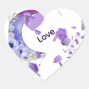 Cœur Élégant Coeur Floral Violet "Amour" Sticker Mariag