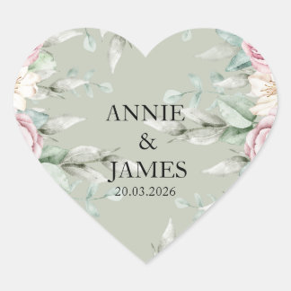 Cœur Elegant Sage Green Floral Heart wedding sticker