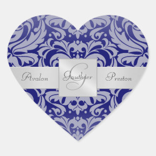 Cœur Élégant Sticker Mariage Royal Blue Damask Heart