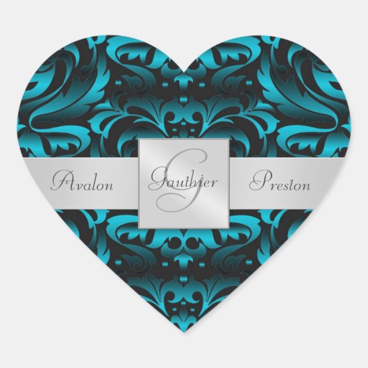 Cœur Élégant Sticker Mariage Turquoise Damas foncé (Devant)