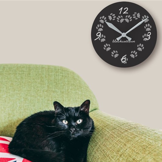 Coeur Empreinte de patte Chat Noir Horloge murale 