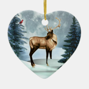Cœur En Céramique Buck Deer Winter Scène Ornement cardiaque