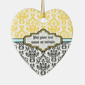 Cœur En Céramique Motif Damas noir blanc jaune aqua ornement (Droite)