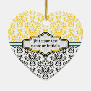 Cœur En Céramique Motif Damas noir blanc jaune aqua ornement