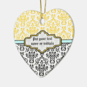 Cœur En Céramique Motif Damas noir blanc jaune aqua ornement (Gauche)