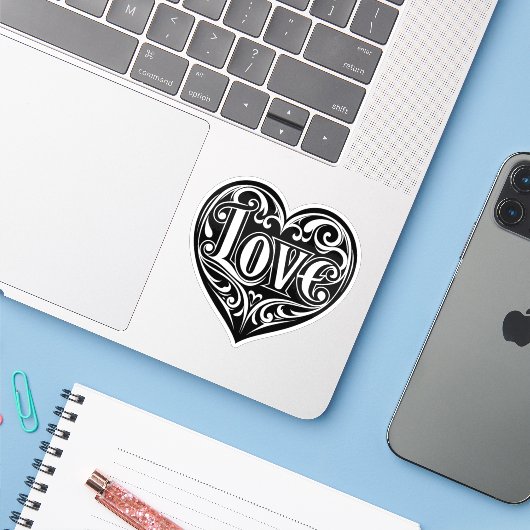Coeur en forme d'amour sticker vinyle (Ordinateur portable avec iPhone)