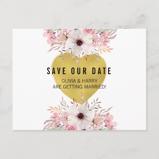 Cœur en or floral | Carte de sauvegarde de la date (Devant)