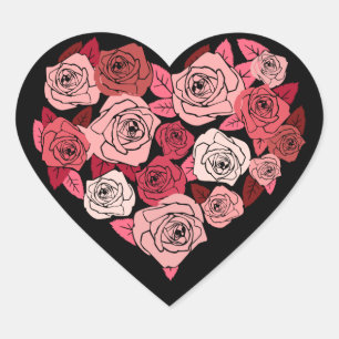 Cœur et roses roses sur un sceau autocollant noir