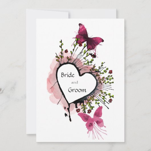 Coeur, fleurs et papillons Invitation (Devant)