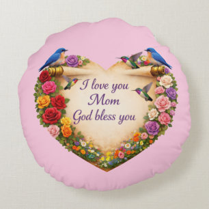 Cœur floral rose “Je t'aime maman..." Coussin rond