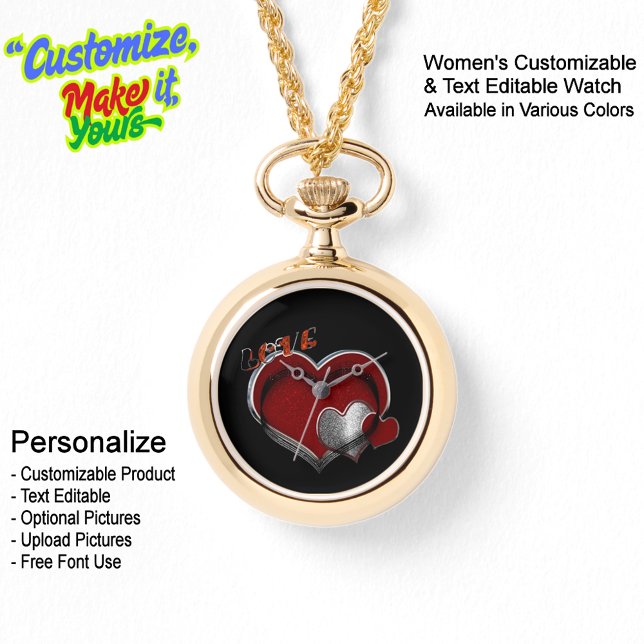 Coeur Magic Gold Collier Montre Visage noir (Women's Heart Magic Gold Necklace Watch Featuring a Black Face.)