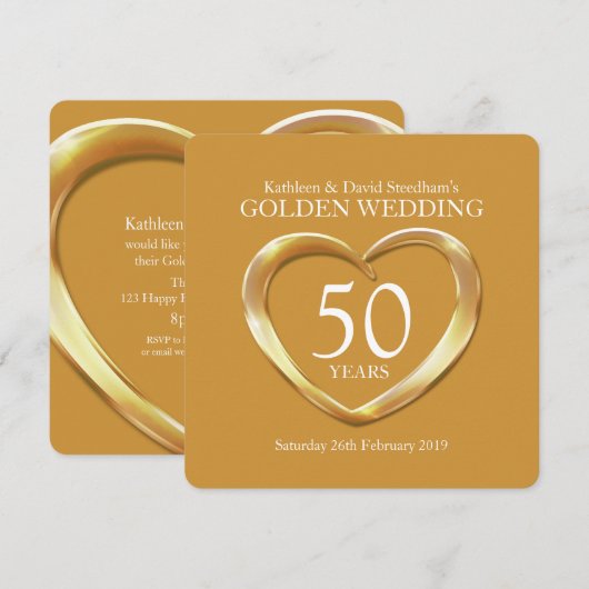 Coeur mariage d'or 50 ans invitation de la fête d' (Devant / Derrière)