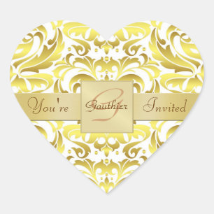 Cœur Monogramme d'or Sticker de coeur Damas blanc