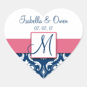 Cœur Navy Blue Damask rose Enregistrer le sticker de da