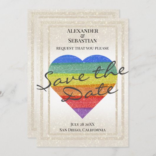 Cœur Pailleté Arc-en-Ciel Faire-Part de Date de Ma (Devant / Derrière)