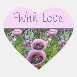 Cœur Pavot Fleur Purple Pink floral Avec Sticker D'Amou