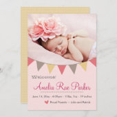 Cœur rose & Bannière - Faire-part de naissance d'u (Devant / Derrière)