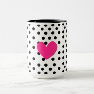 Cœur rose chaud mignon pois noir et blanc Tasse à
