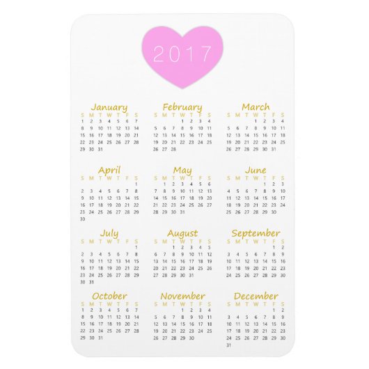 Coeur rose mignon 2017 Magnet Calendrier - Or & Gr (Vertical)